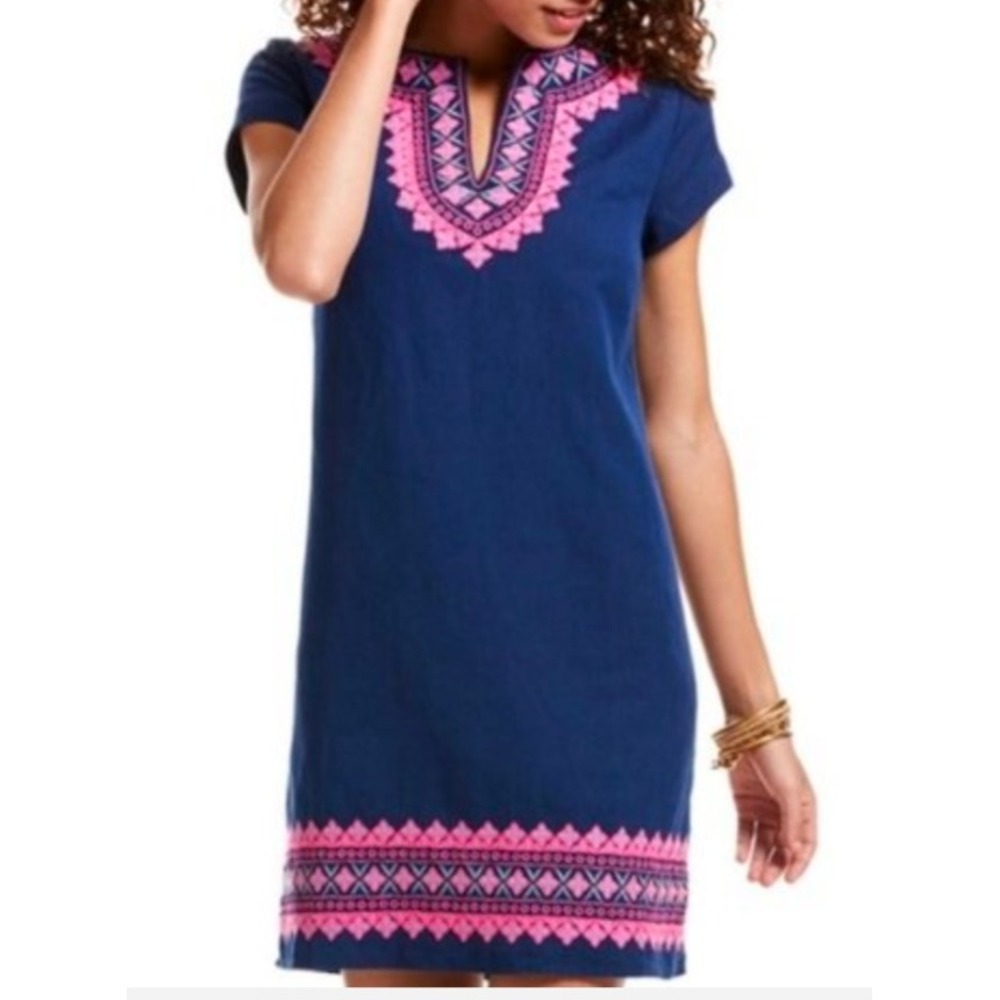 Vineyard Vines Island Embroidered Tunic Dress Navy Pink Blue Cotton Linen Size 6